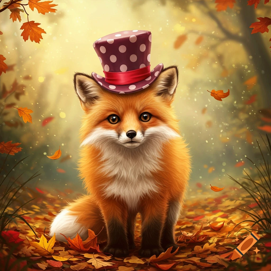 A cute, fluffy fox wearing a polka-dotted top hat sits among colorful autumn leaves in a sunlit forest.