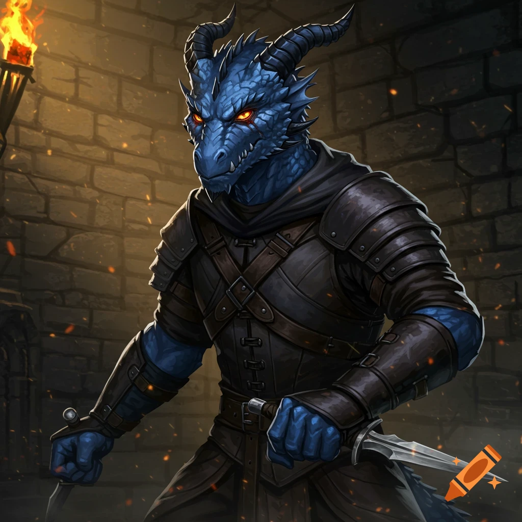 A blue dragonborn in black leather armor with orange eyes holds a dagger in a stone dungeon, lit by a torch.