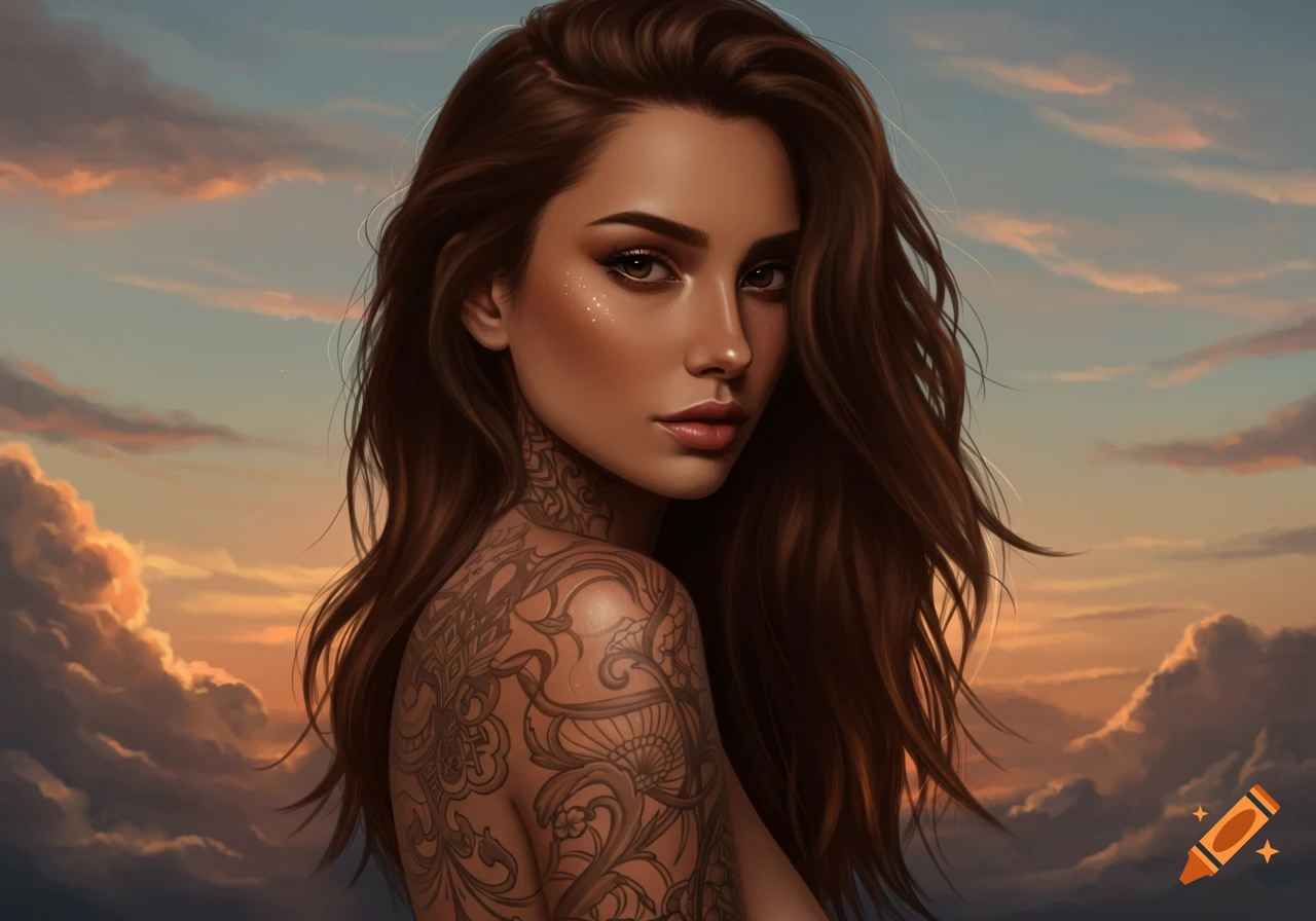 A portrait of a woman with long brown hair and intricate shoulder and neck tattoos against a sunset sky.