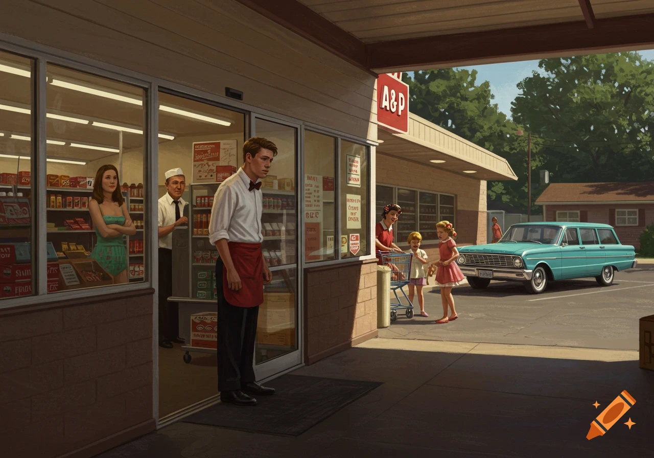 A nostalgic illustration of a 1960s A&P grocery store with a male employee by the entrance, a mother with children and a vintage car outside.