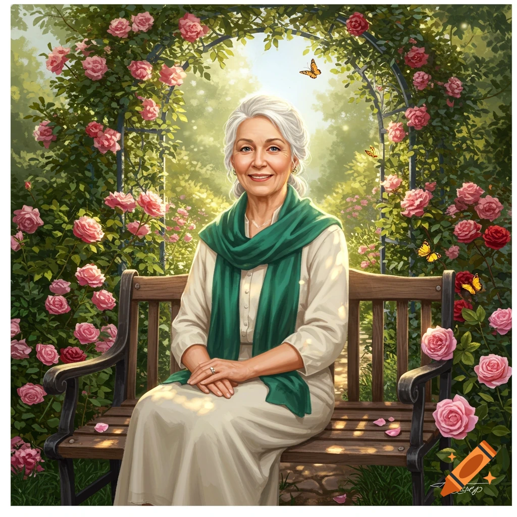 An elderly woman with white hair and a green scarf sits on a wooden bench in a rose garden with butterflies.