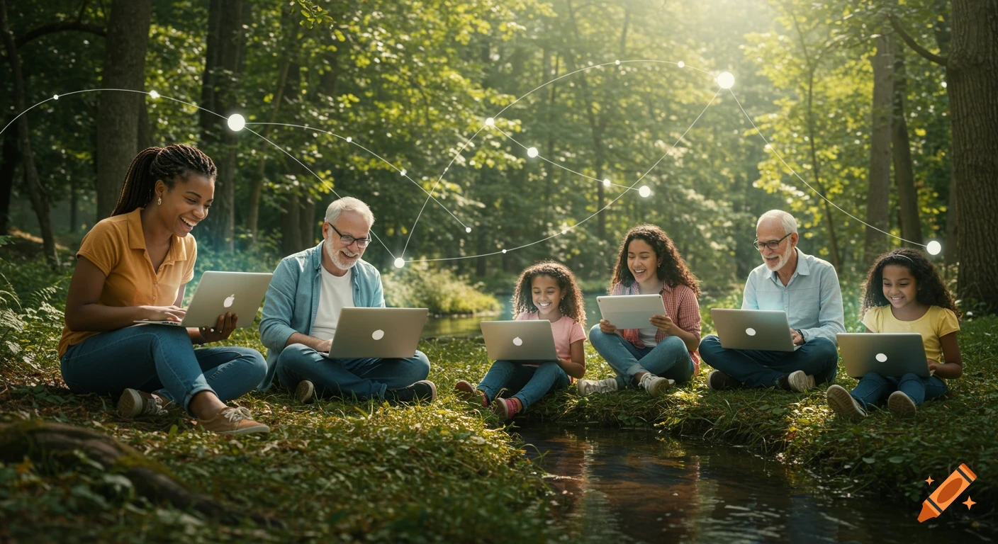 A diverse family uses laptops and a tablet outdoors in a sunny forest, with glowing connected nodes overhead.