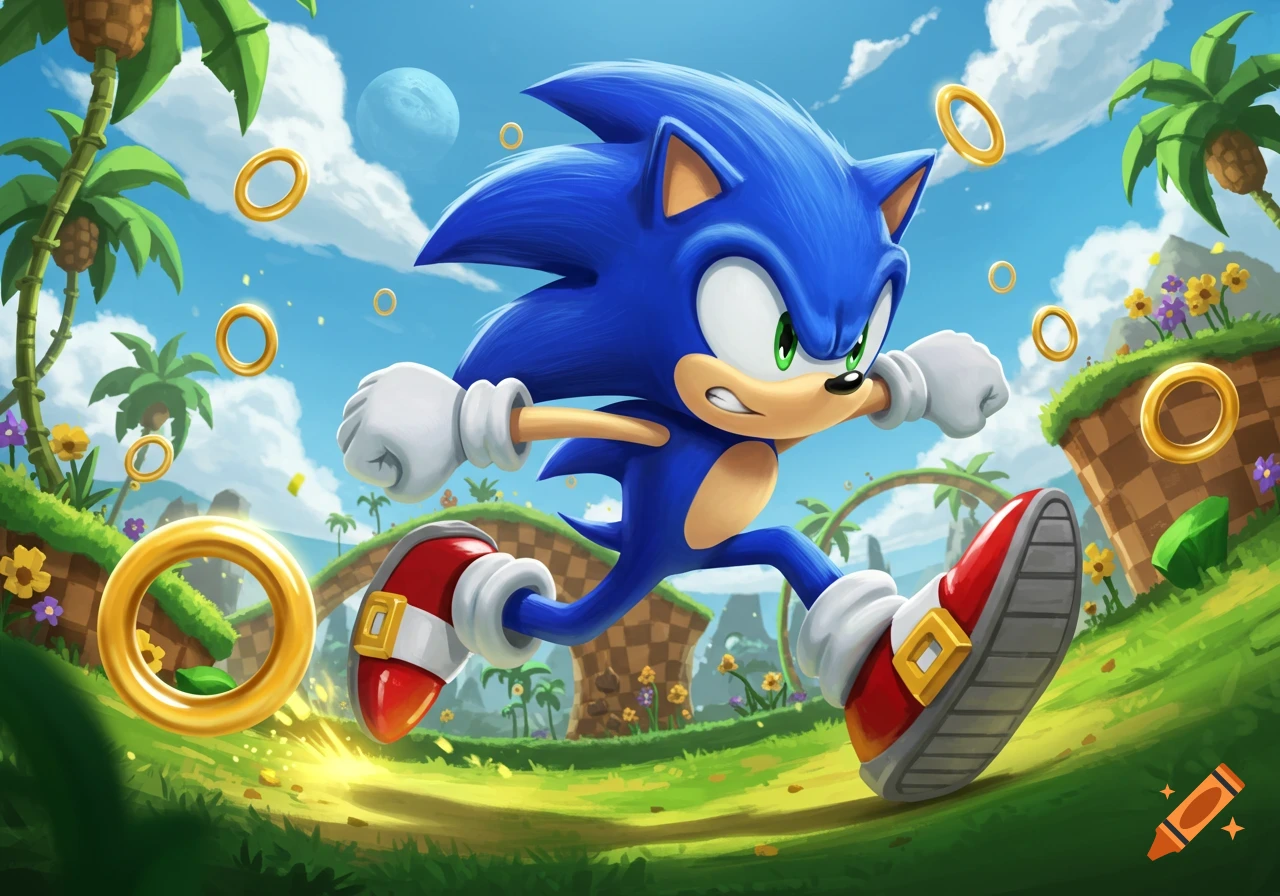 Sonic the Hedgehog dashes across a vibrant green landscape with palm trees and golden rings under a blue sky in a stylized digital art style.