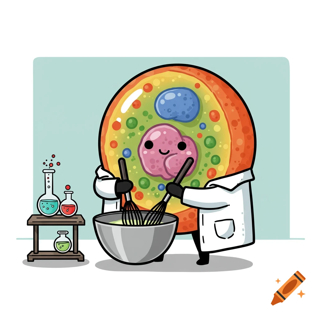 A cute cartoon cell in a lab coat mixes ingredients in a bowl, with lab beakers on a table beside it.