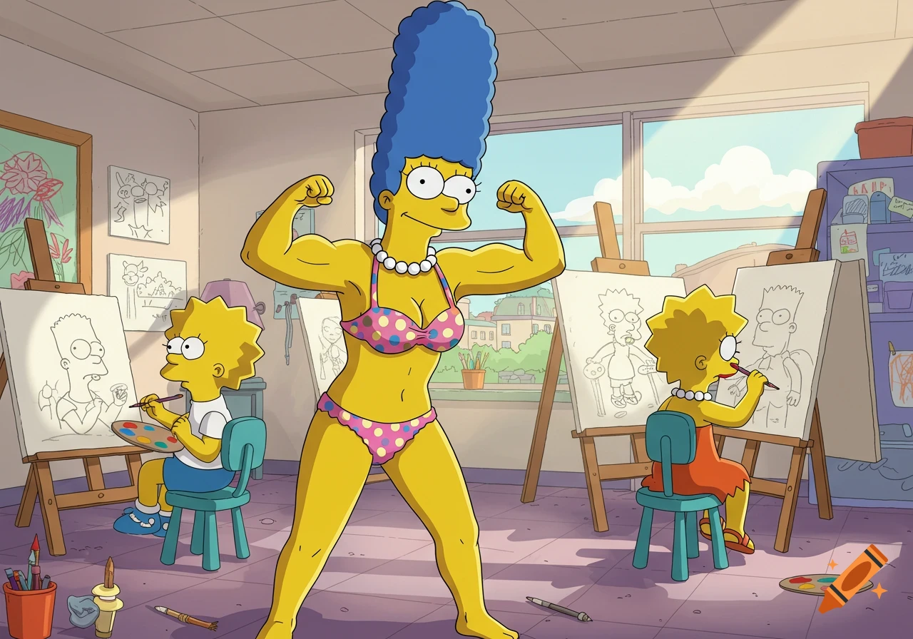 Marge Simpson flexes her bicep muscles in a polka dot bikini while Bart and Lisa draw her in an art class, cartoon style.