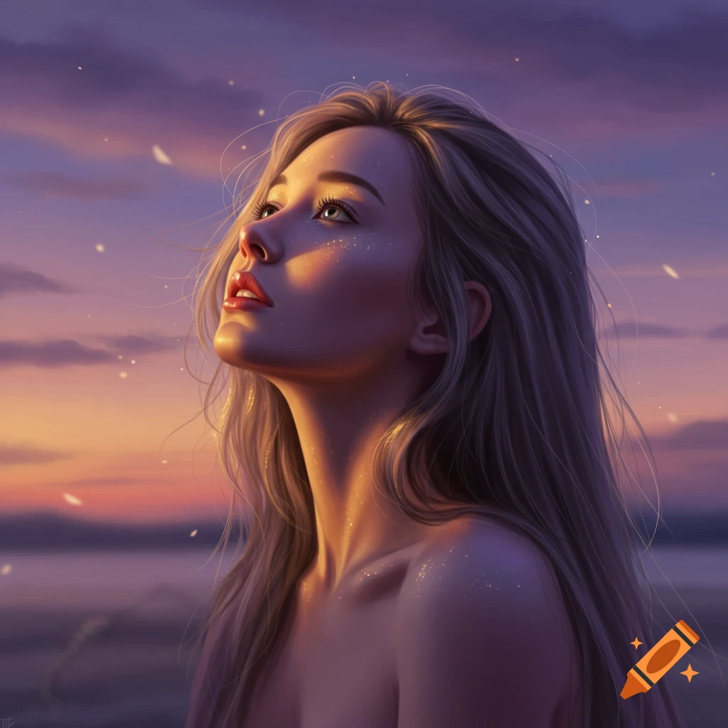 An ethereal woman with long blonde hair looks upward at a glowing sunset, with sparkling light on her skin and in the air.