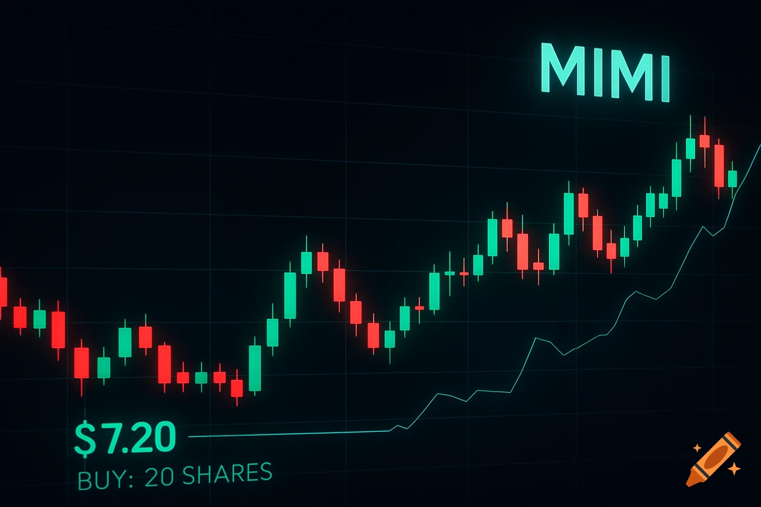 A financial candlestick chart with green and red bars and a line graph, displaying the stock ticker 'MIMI' and 'BUY: 20 SHARES' at '$7.20' on a dark background.