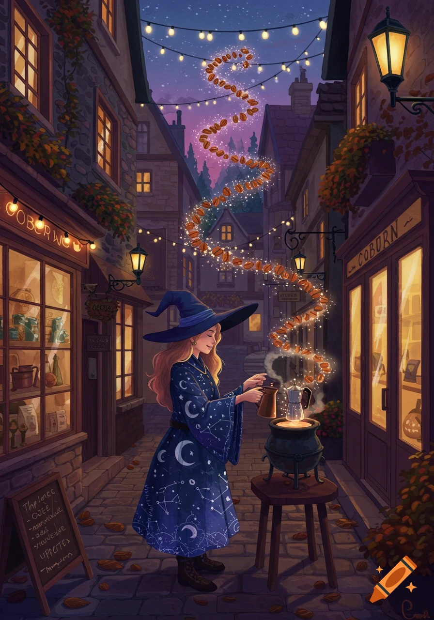 A smiling witch in a starry blue robe and hat brews coffee in a bubbling cauldron on a charming cobblestone street at dusk. Coffee beans magically float from the cauldron into the night sky, adorned with string lights. Old buildings and shop signs line the street.