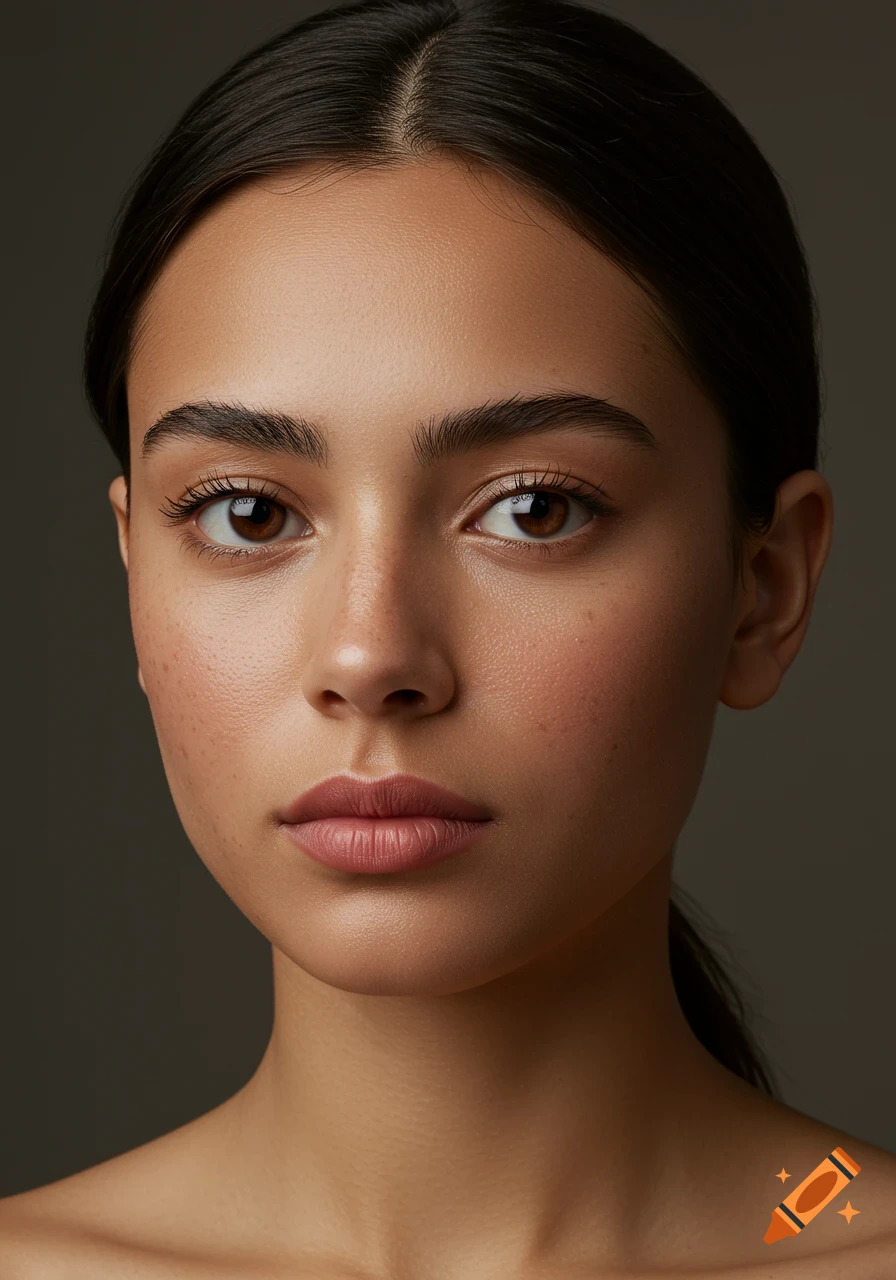 Photorealistic close-up portrait of a young woman with brown eyes, dark hair, and natural freckles, looking forward with a neutral expression.
