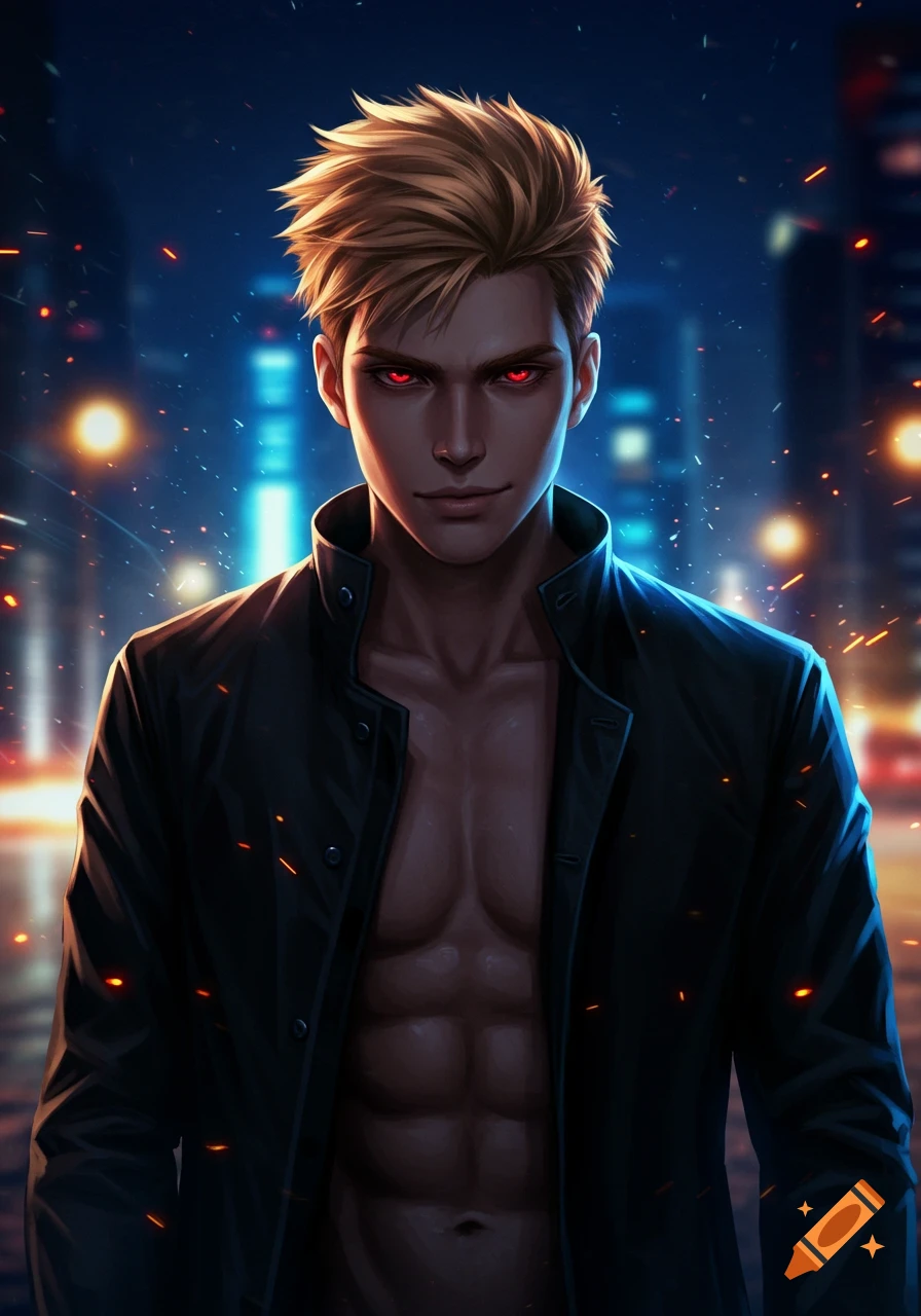 A young man with spiky blond hair and glowing red eyes stands in an open black jacket, revealing his muscular chest, against a blurred city night background.