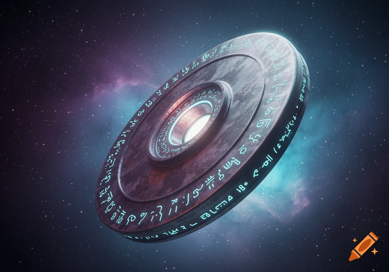 A metallic alien disc with glowing otherworldly symbols floats in a dark starry space with nebulae.