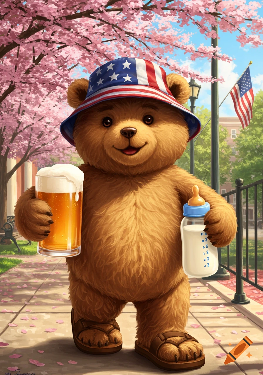 A happy teddy bear in an American flag bucket hat and sandals walks outdoors, holding a glass of beer and a baby bottle.