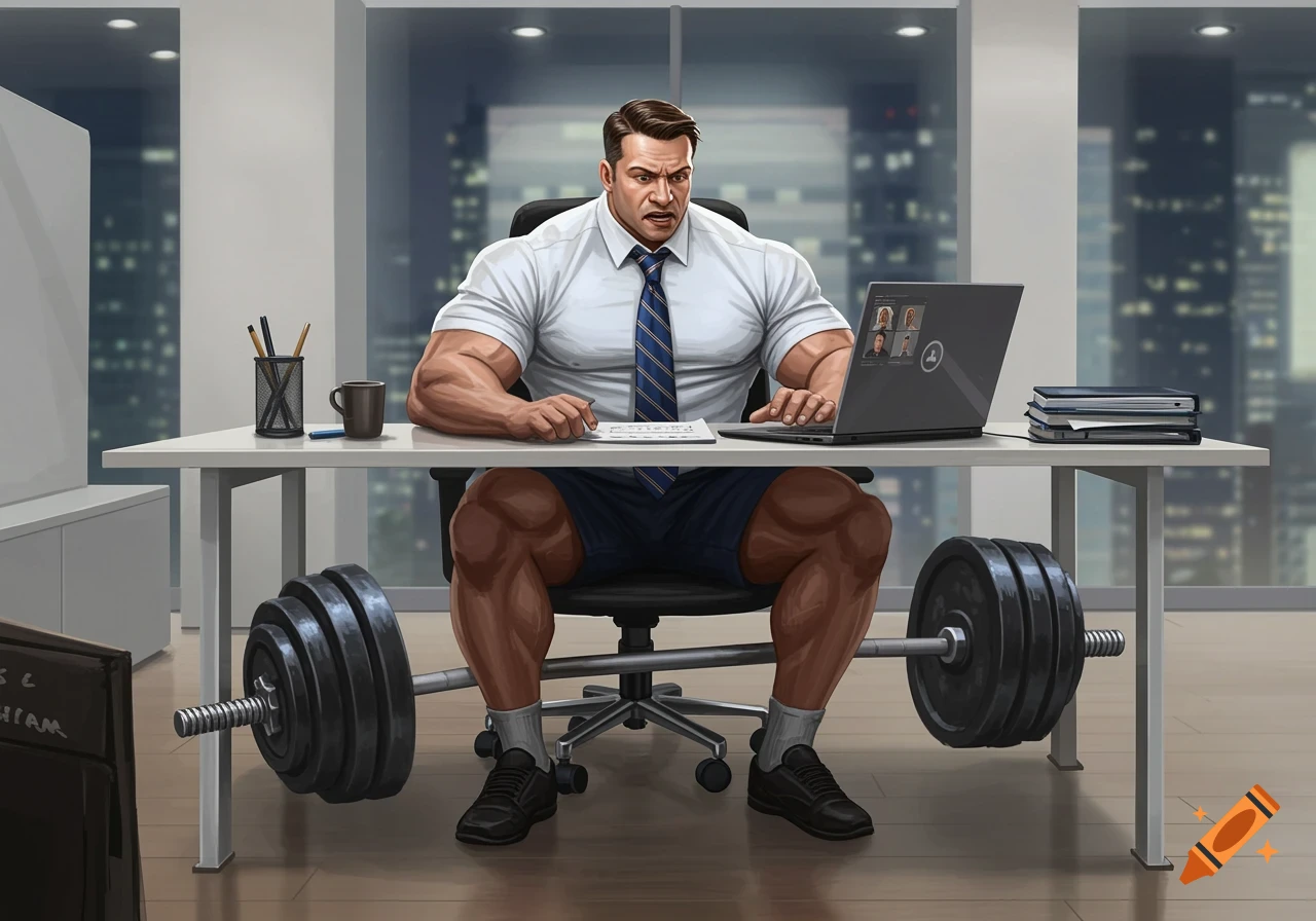 A muscular man in a shirt and tie sits at an office desk with a laptop, simultaneously lifting a barbell under the desk.