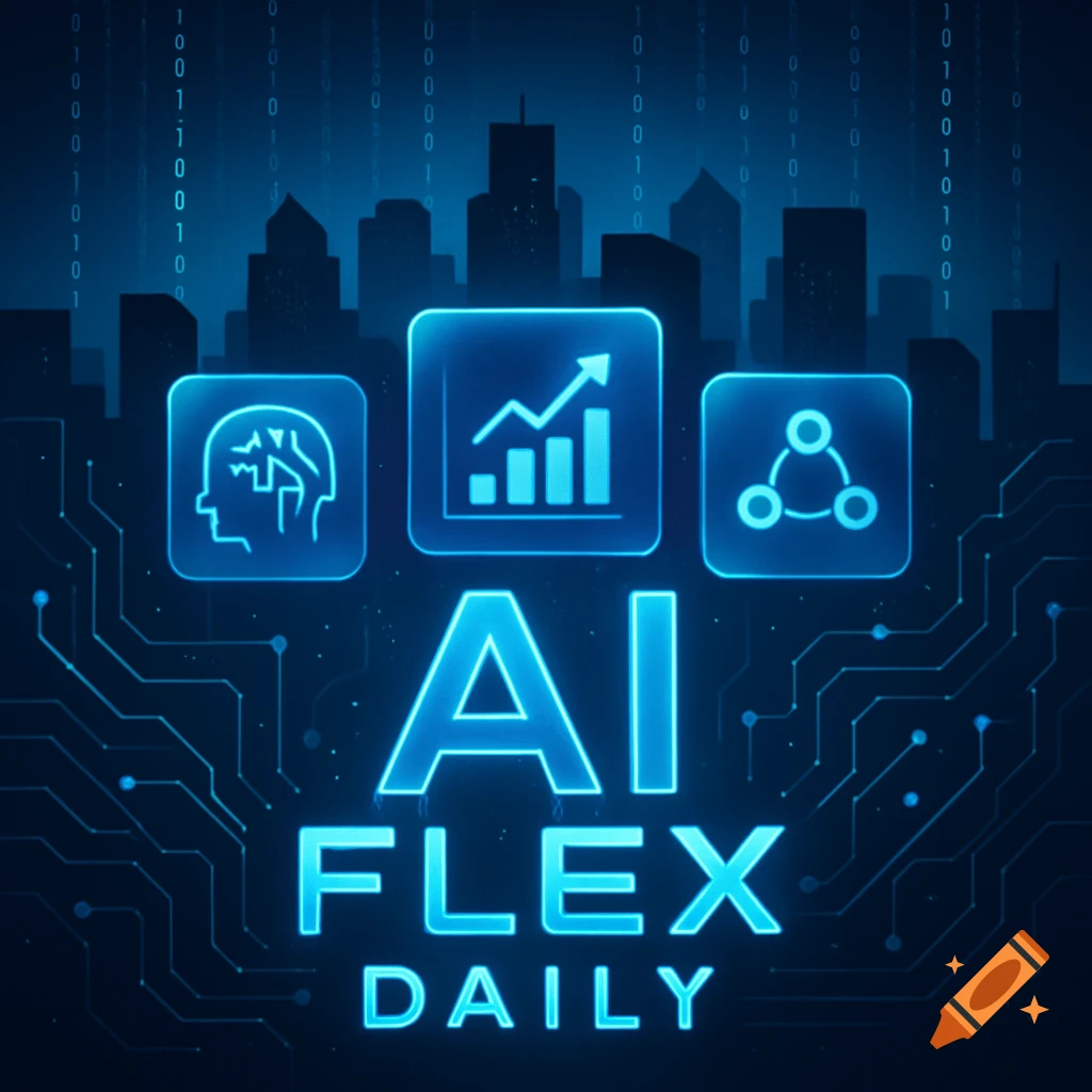 Digital illustration of 'AI FLEX DAILY' text, glowing icons for AI, growth, and networking, against a city skyline and binary code background.
