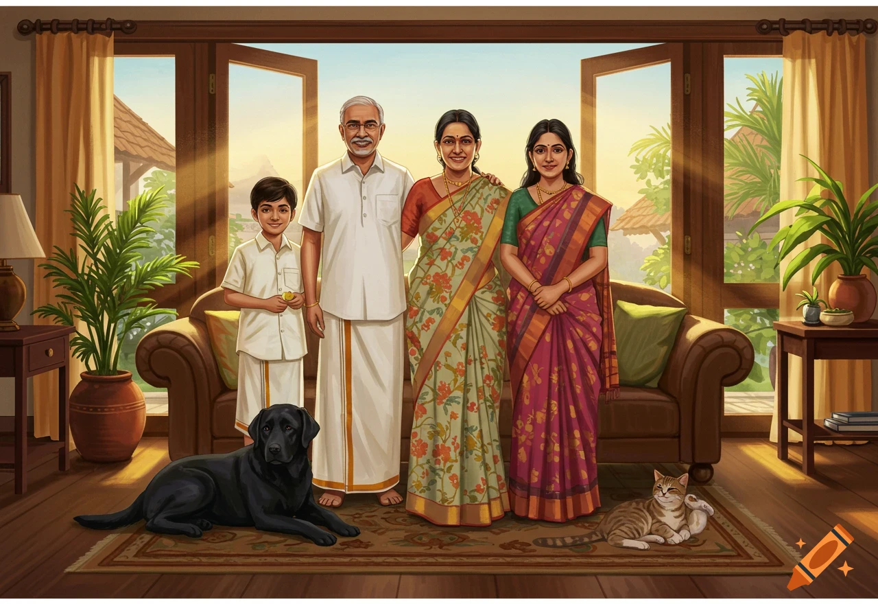 A family portrait in a living room: father, mother, son, and daughter in traditional Indian attire, with a black labrador and a tabby cat. Illustrative style.
