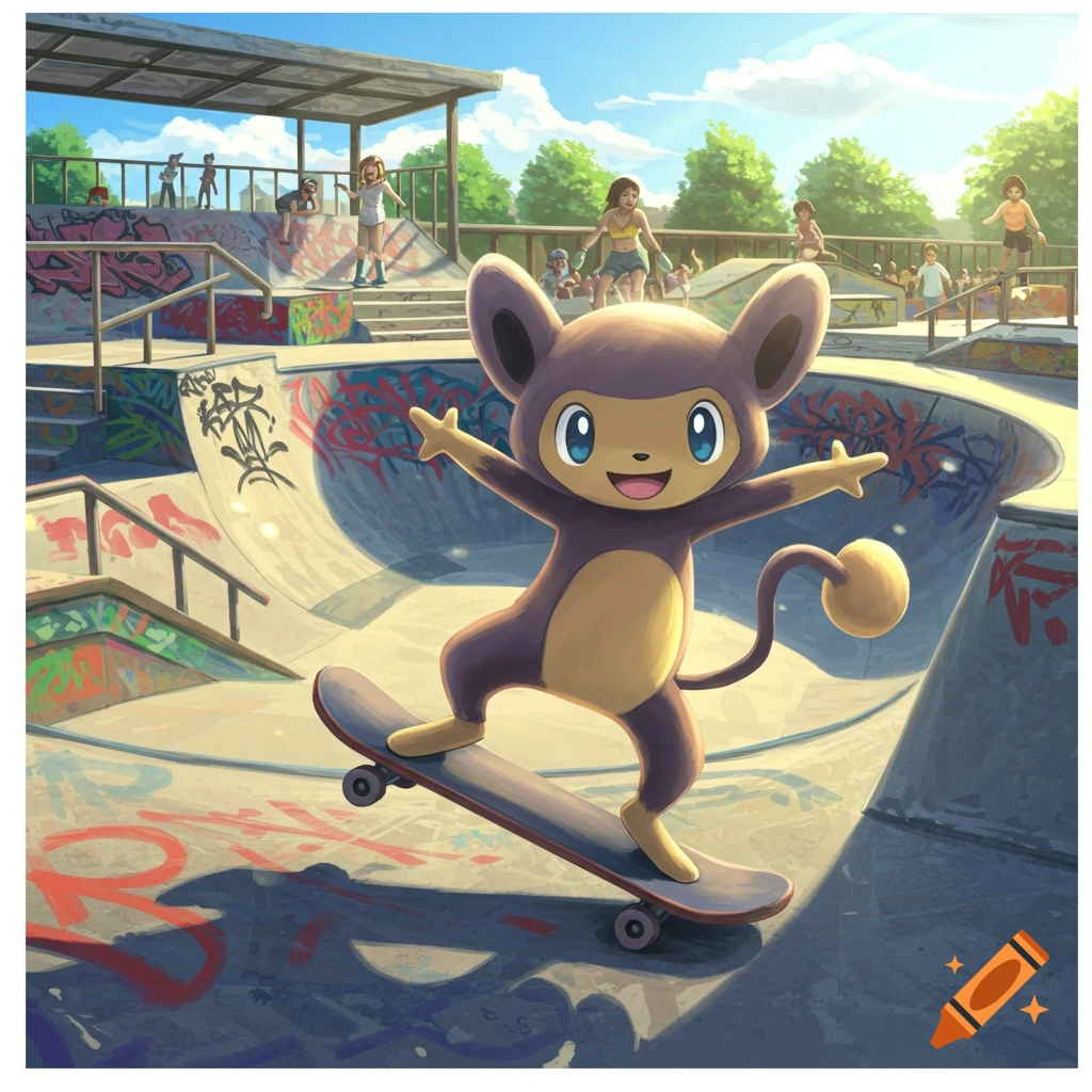 An Aipom, a brown and tan monkey-like Pokemon, grins happily while skateboarding in a sunlit skatepark with graffiti-covered walls. Other children are in the background.