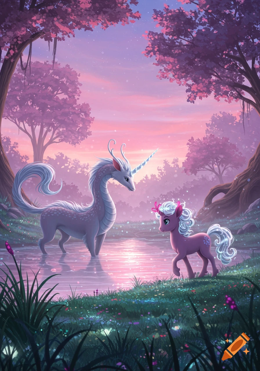 A large white unicorn-dragon creature and a small pink unicorn pony stand in a magical, glowing river in a vibrant pink and purple fantasy forest.