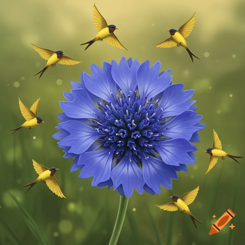 Six yellow stylized birds fly around a large blue flower with a soft green background.