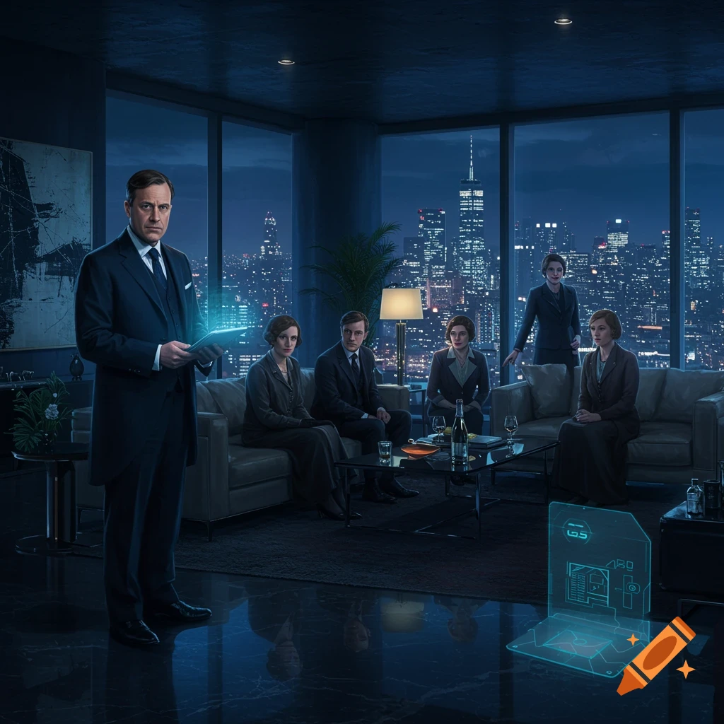 A man in a suit with a glowing tablet stands in a modern office with a city view at night, surrounded by others and a holographic display.