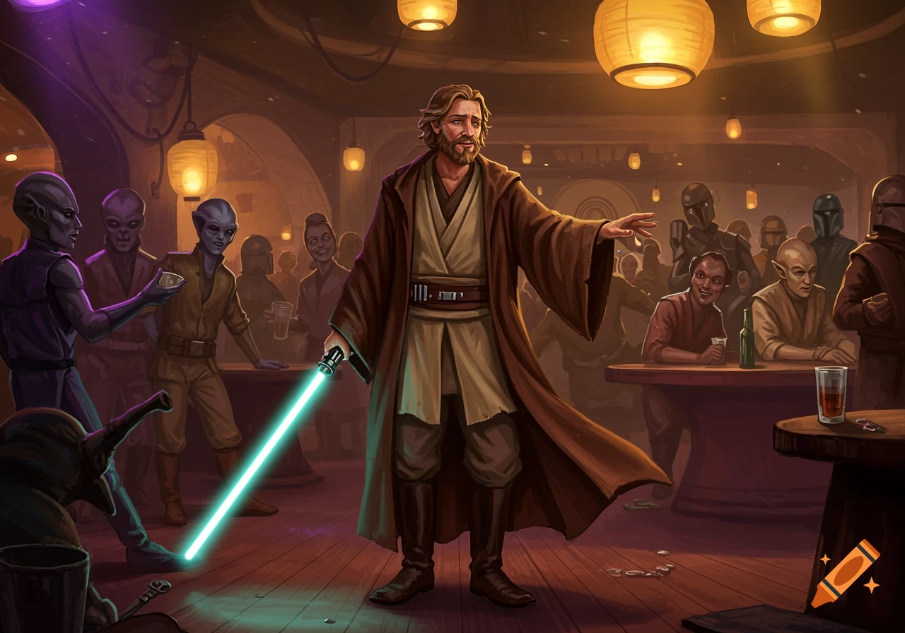 Obi-Wan Kenobi stands with his lightsaber in a crowded, dimly lit Star Wars cantina, surrounded by various aliens and armored figures in a digital art style.