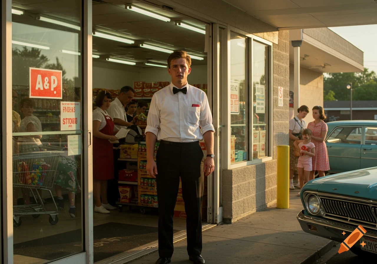 A young man in a white shirt and black slacks stands outside a retro A&P grocery store in the golden sunlight. A vintage car is parked nearby.