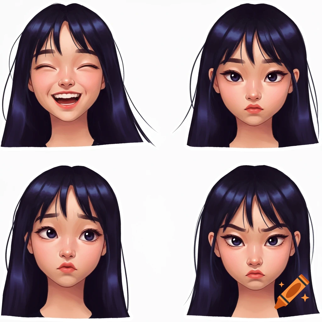 Four cartoon portraits of a young Asian girl with black hair, each showing a different emotion: joy, neutral, sad, and angry.