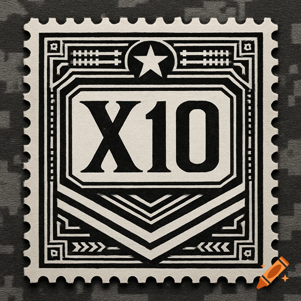 A black and white military-style postage stamp featuring the text "X10" and a star design, set against a dark camouflage background.