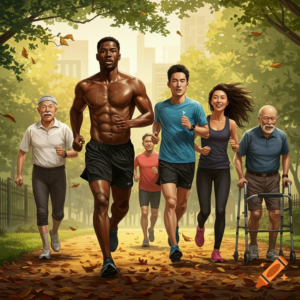 A diverse group of people of various ages and ethnicities are running and walking on a path covered in autumn leaves in a park setting.