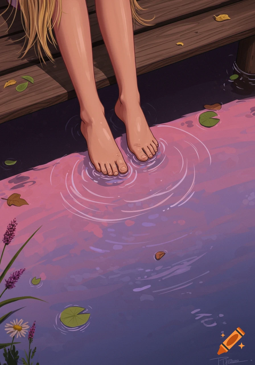 A person's bare feet dip into tranquil, pink-purple water from a wooden dock, with lily pads and flowers nearby, in an illustration style.