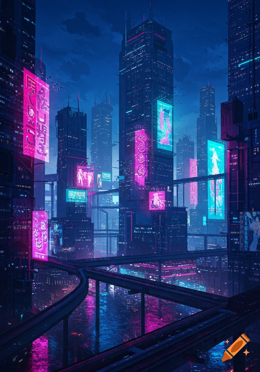 A vibrant futuristic cyberpunk city at night with towering skyscrapers, elevated tracks, and colorful neon signs reflecting on the water below.