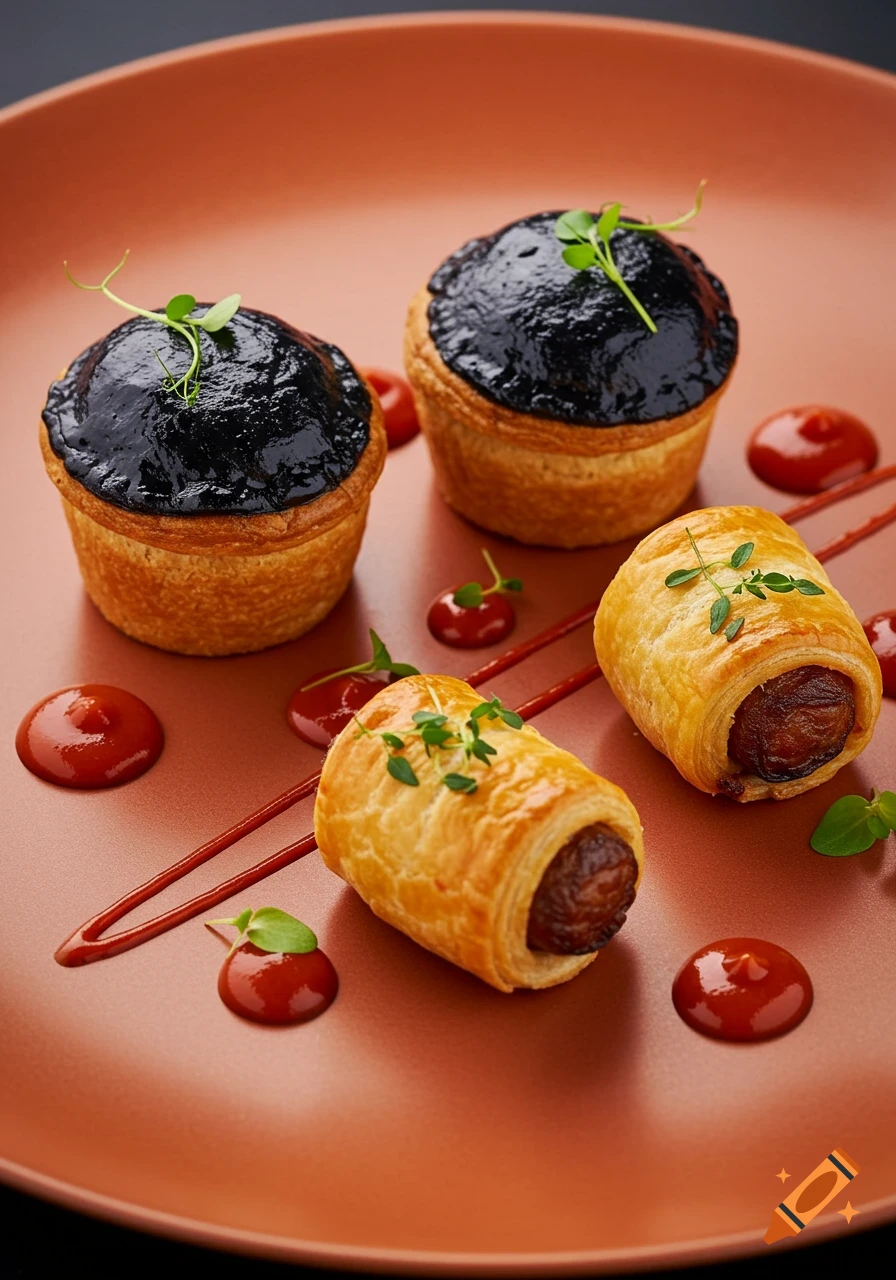 Two mini pies with black tops and two mini sausage rolls on a dark orange plate with red sauce and green herb garnishes.