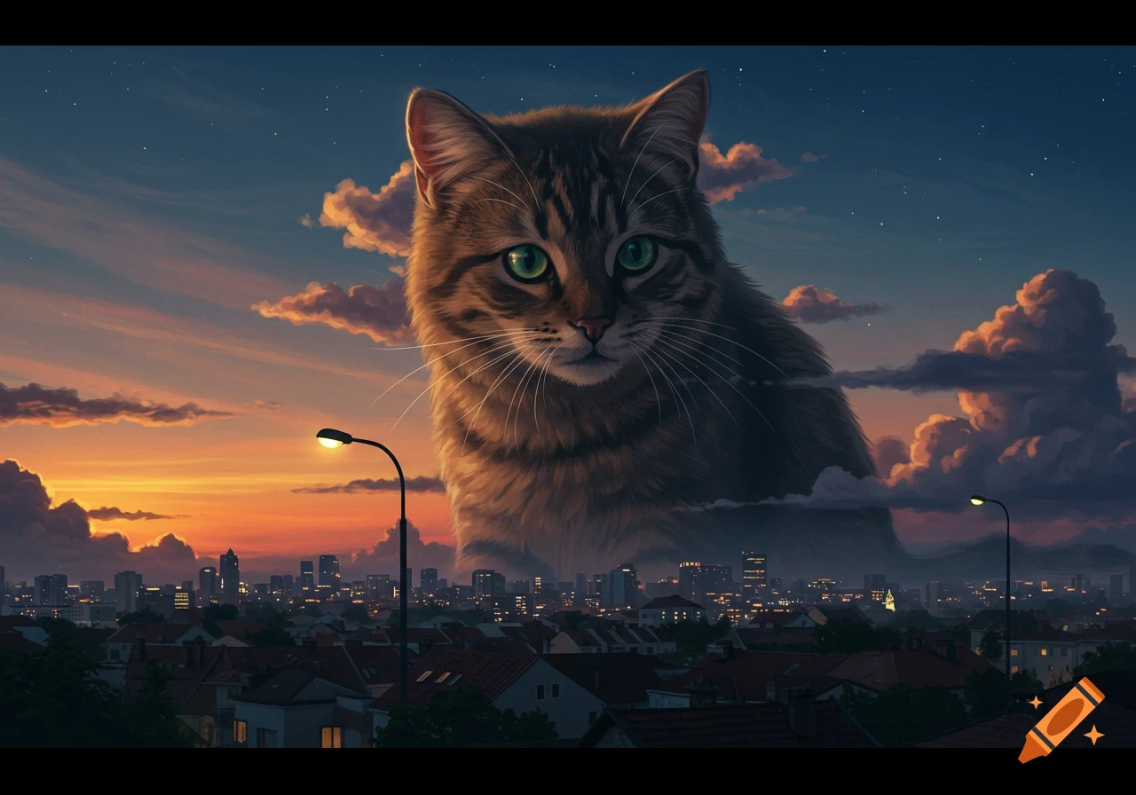 A gigantic tabby cat with green eyes overlooks a city skyline at sunset, with warm clouds in the sky.