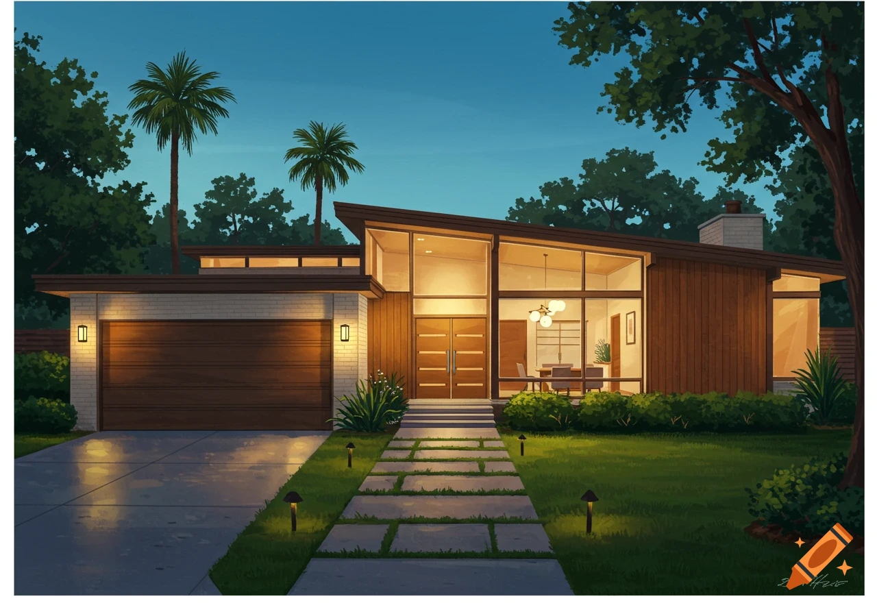 An illustration of a mid-century modern house at dusk, with large windows, palm trees, and a lit pathway leading to the front door.