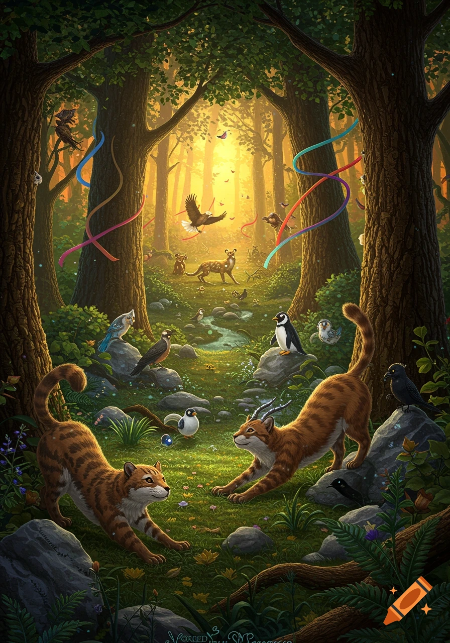 Two cat-like creatures stretch playfully in a vibrant, sunlit fantasy forest filled with various birds, animals, and colorful ribbons.