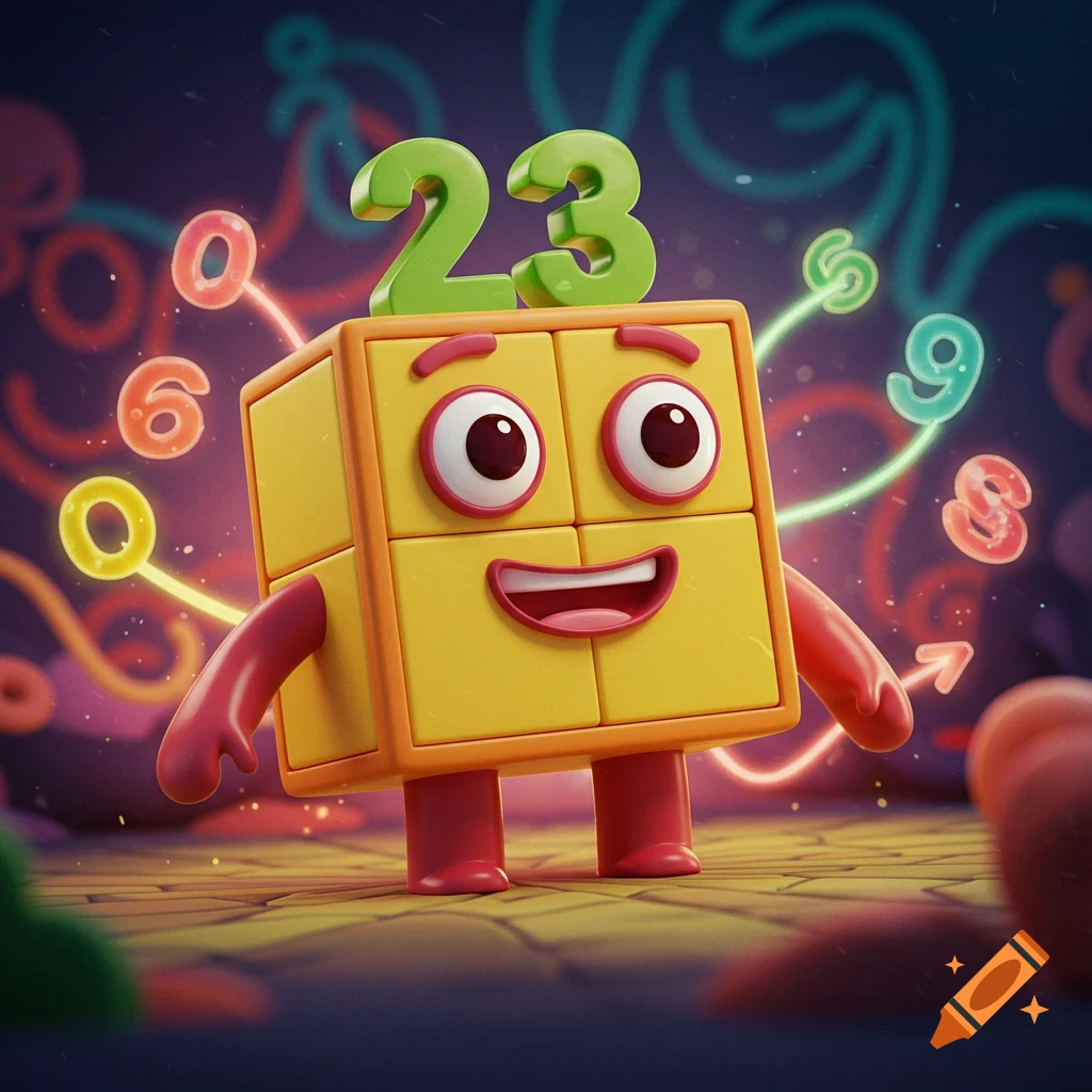 A bright, colorful 3D cartoon character made of yellow blocks with red limbs and a happy face, with a large green "23" on its head, surrounded by glowing numbers like "0", "6", "8", "9" against a dark, starry background.