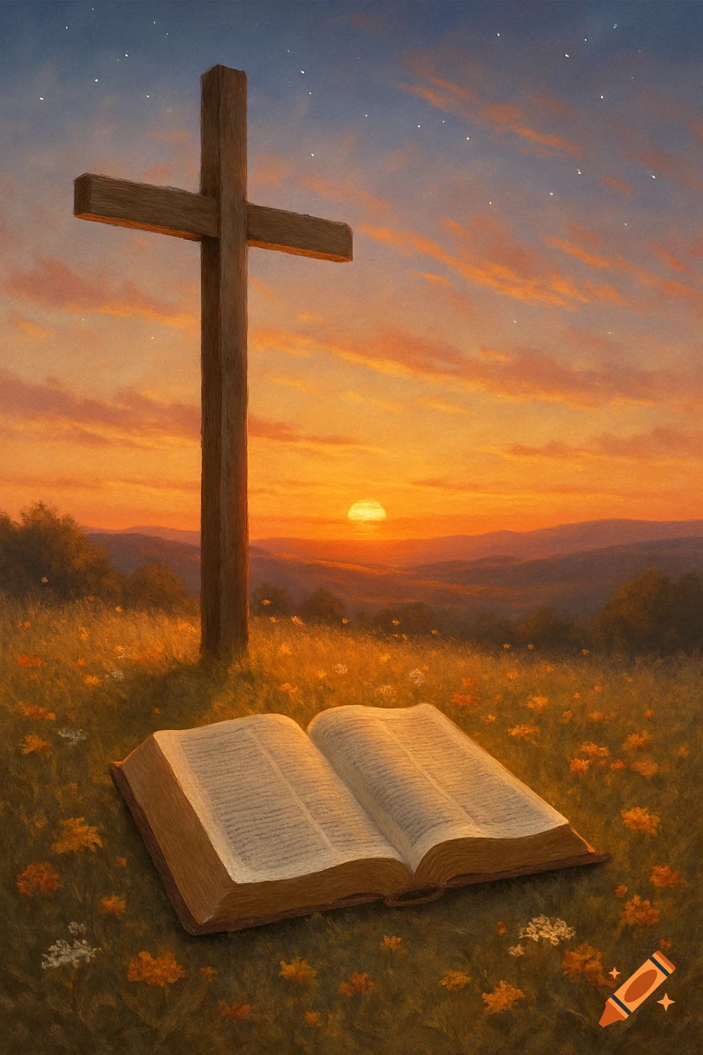 A wooden cross stands on a grassy hill overlooking a sunset, with an open bible resting in the foreground among wildflowers.