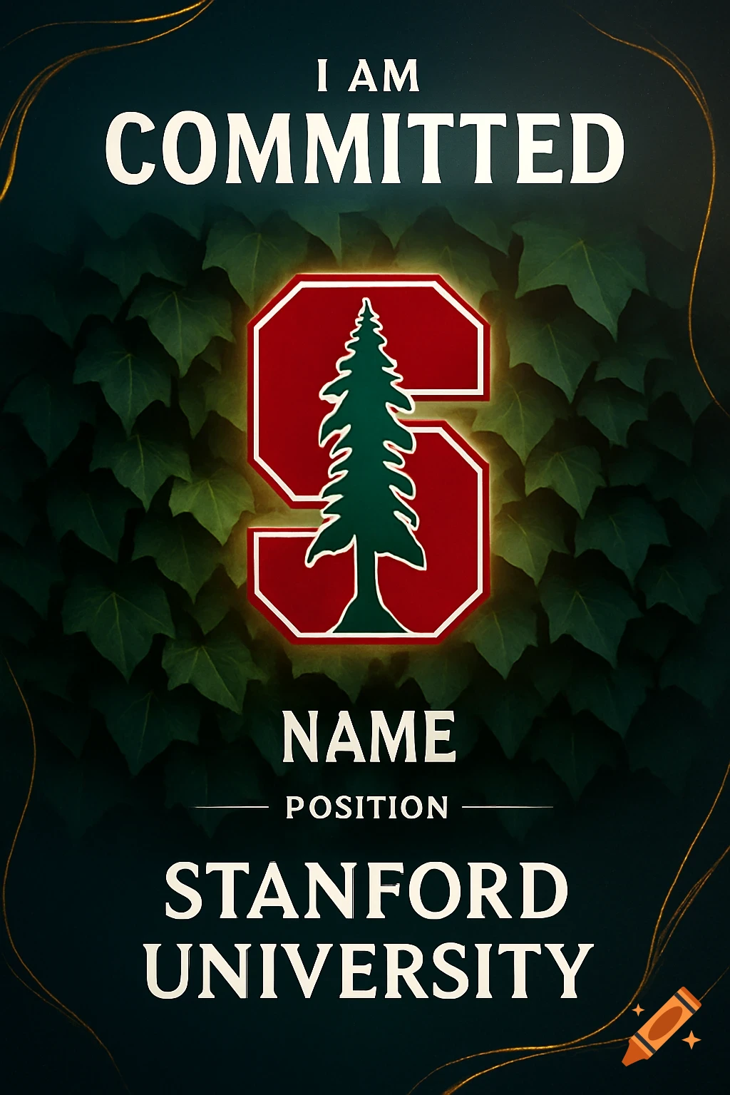 A Stanford University college commitment graphic template with text 'I AM COMMITTED', the Stanford 'S' logo, and ivy.