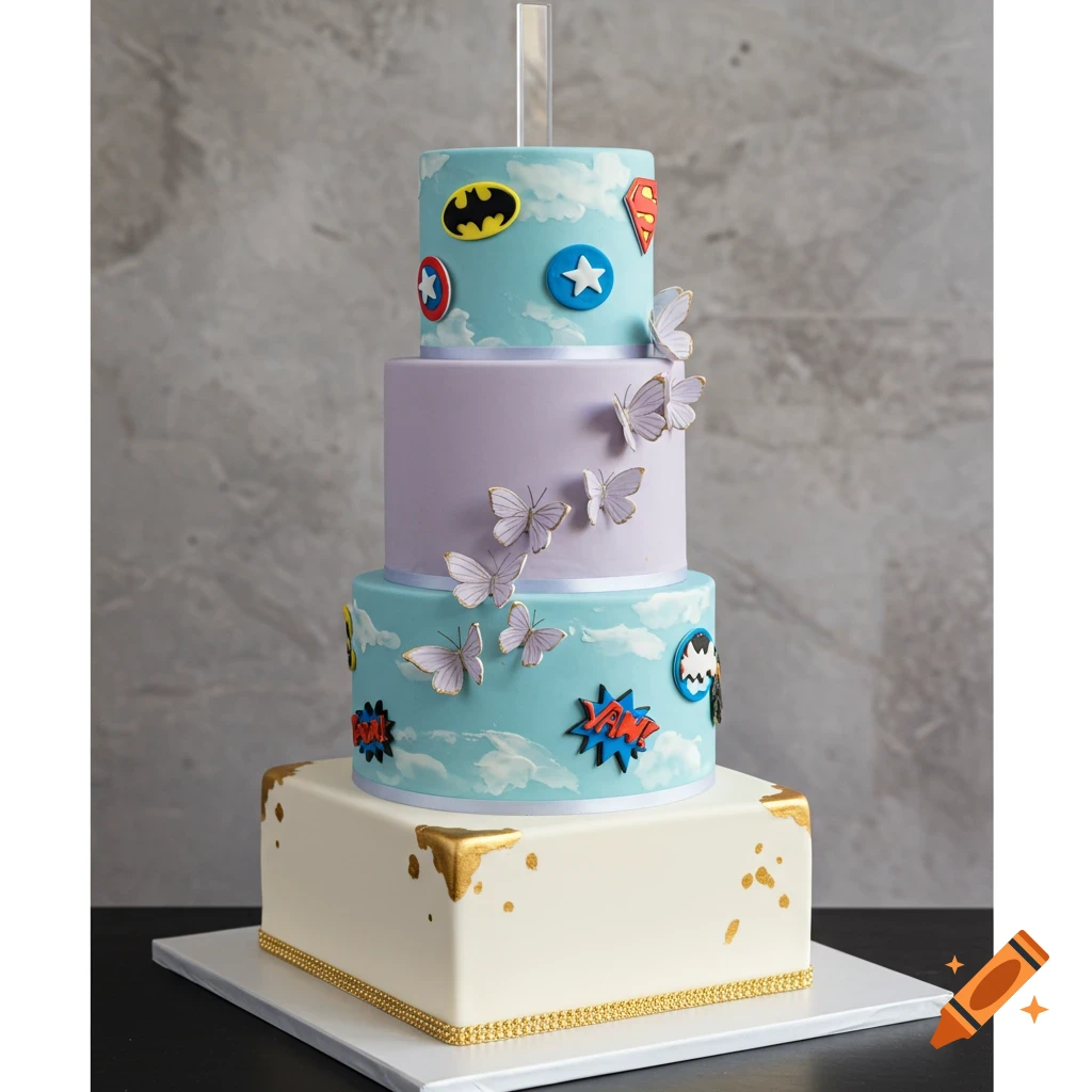 A four-tiered cake with a white and gold base, lavender middle tier with butterflies, and two blue tiers with superhero logos.