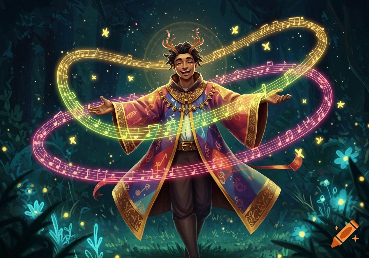 A joyful character with antlers and a colorful, musical robe stands amidst glowing musical notes in a magical forest.