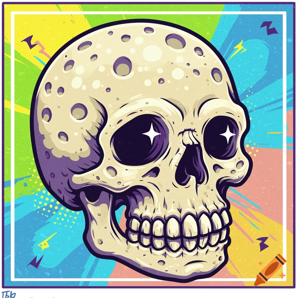A vibrant, cartoon-style skull with golf ball-like texture and star-shaped eyes, set against a colorful, pop art background.