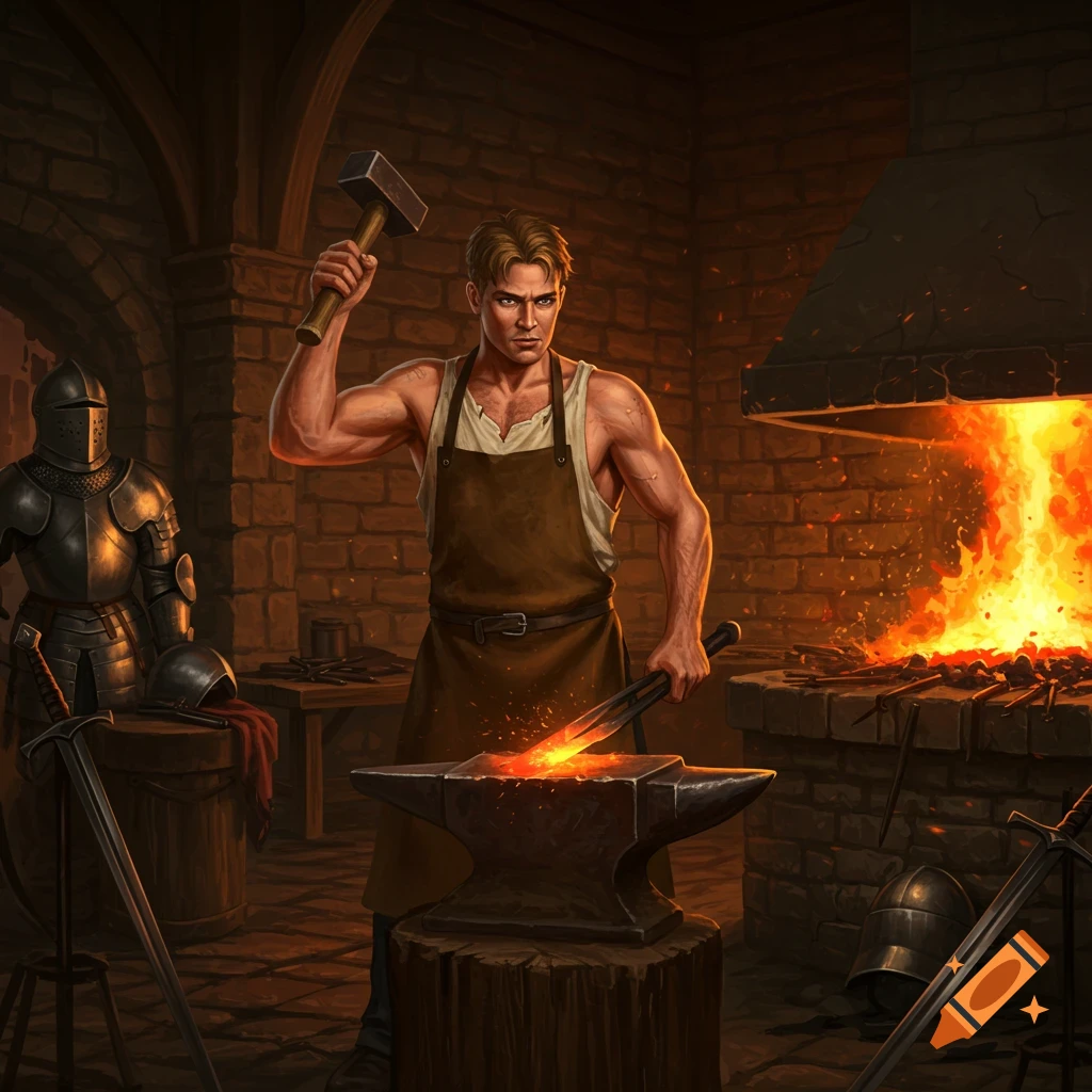 Muscular blacksmith hammers glowing metal on an anvil in a medieval forge, with a suit of armor nearby.