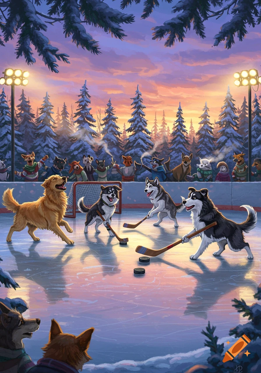 A group of cartoon dogs playing ice hockey on an outdoor rink during a vibrant sunset in a snowy forest.