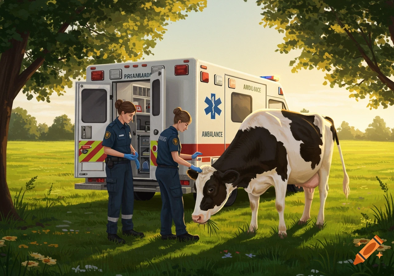 Illustration of two paramedics with an ambulance in a sunny field, checking on a black and white cow happily eating grass.