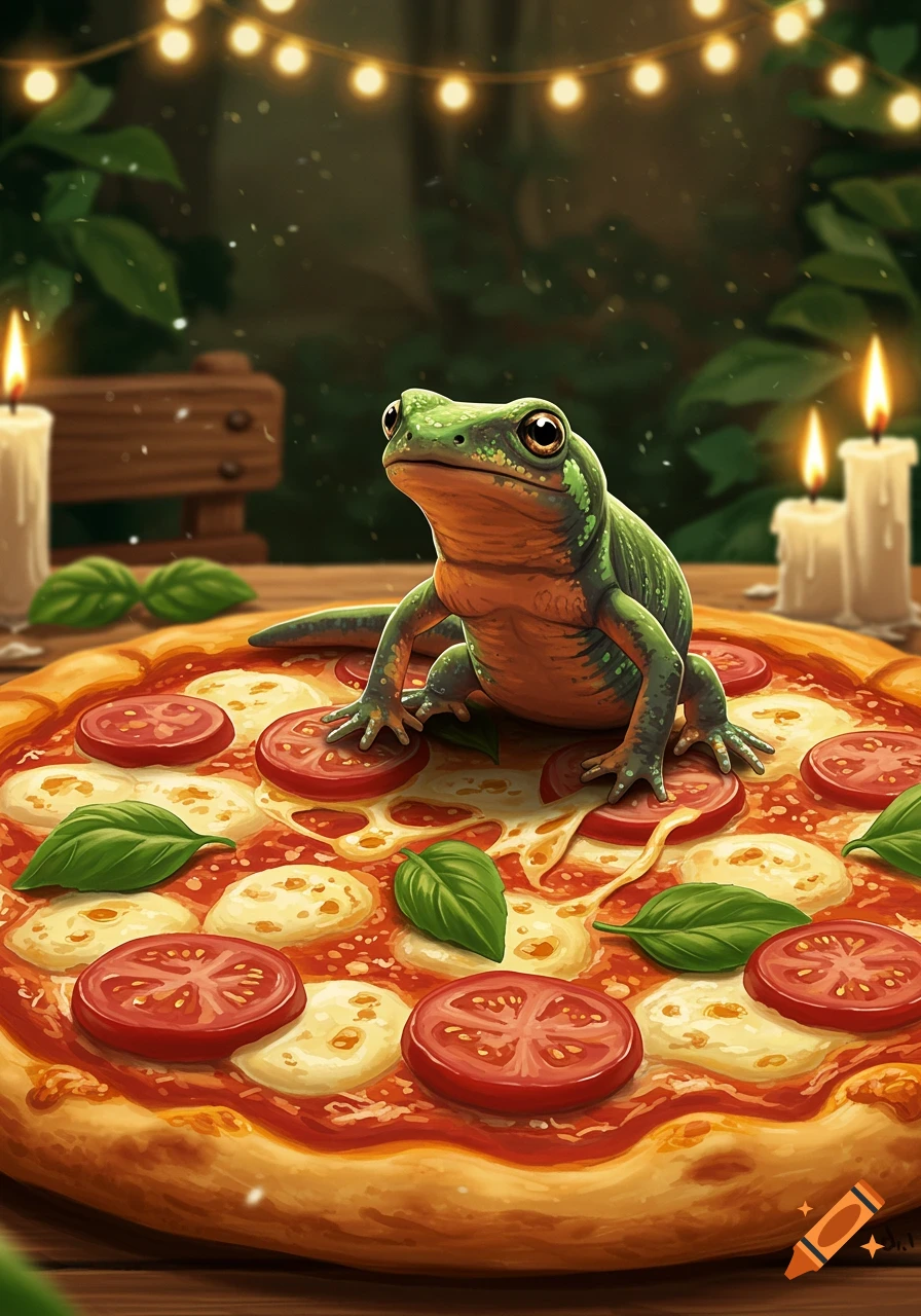 A green frog sits on a mozzarella and tomato pizza with basil leaves, lit by string lights and candles in a dark forest setting.