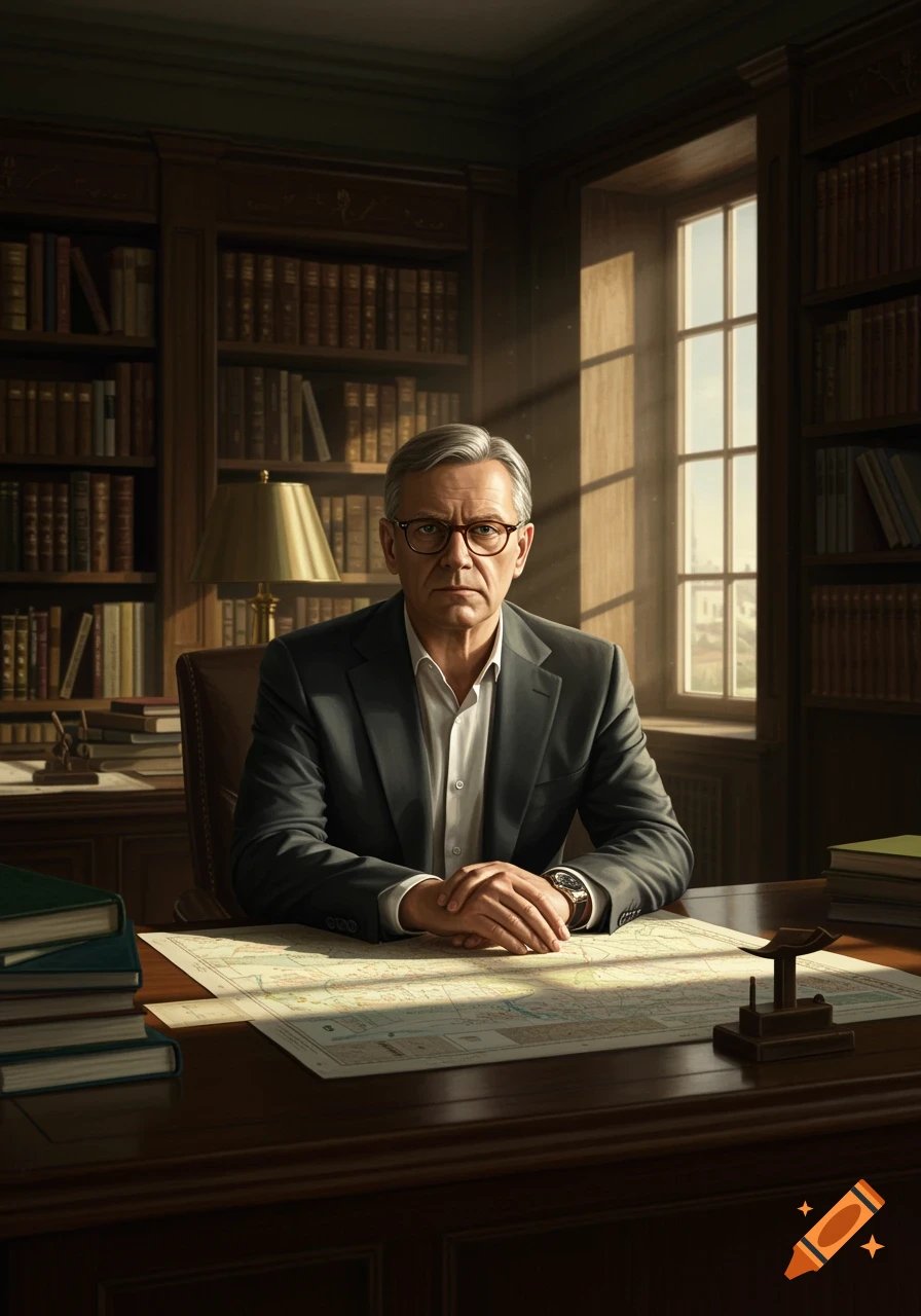 A stern-looking man in a suit sits at a desk in a wood-paneled library, lit by sunlight from a window.
