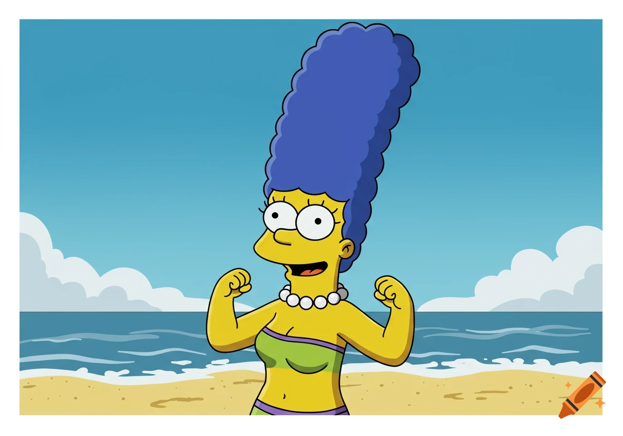 Marge Simpson from The Simpsons flexing her arms at a sunny beach in a cartoon style.