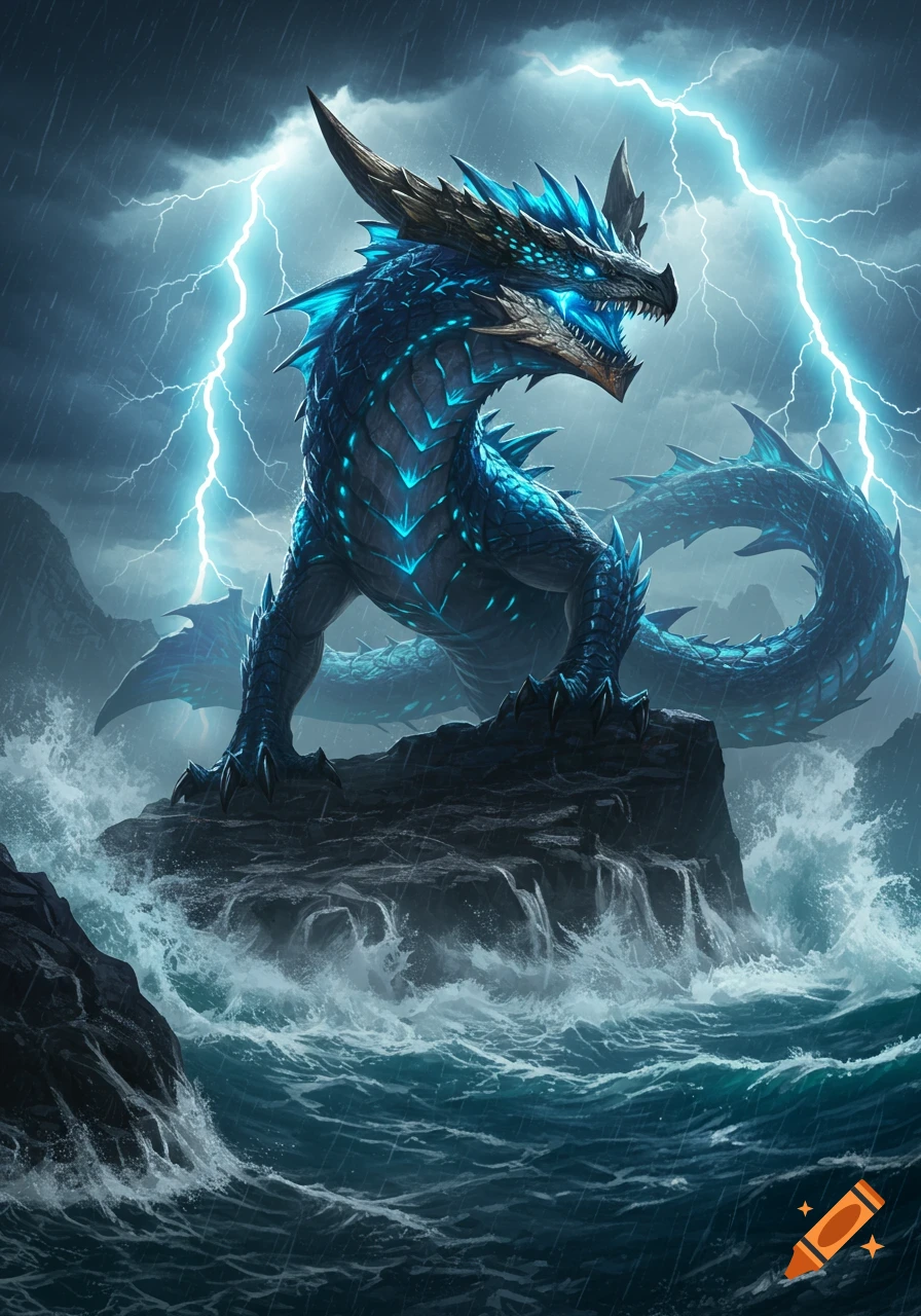 A large blue fantasy sea monster with glowing features stands on rocks amidst a stormy ocean with lightning.