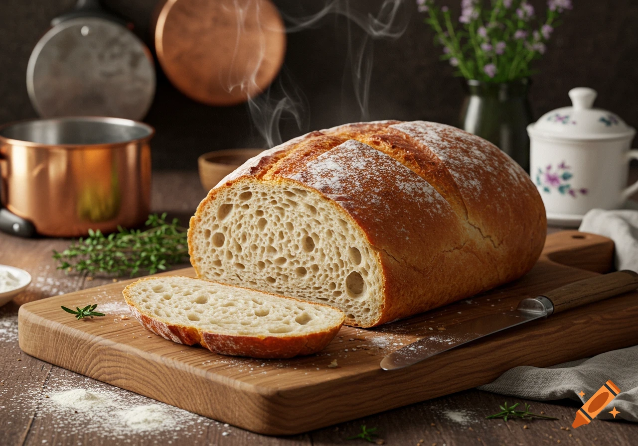 Photorealistic image of a fresh, sliced loaf of bread on a wooden cutting board with steam rising, set in a kitchen.