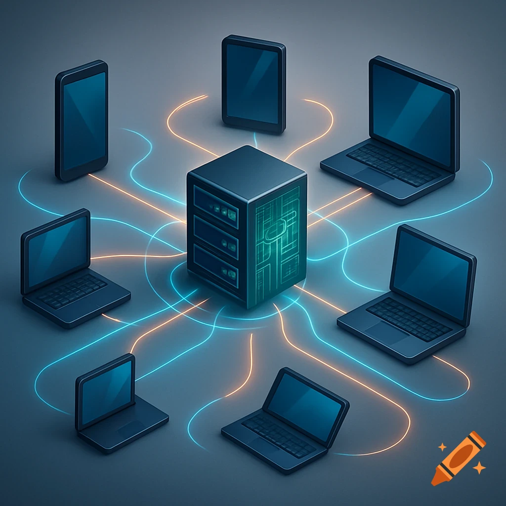 A central server is connected to eight devices (laptops and tablets) by glowing blue and orange lines on a grey background.