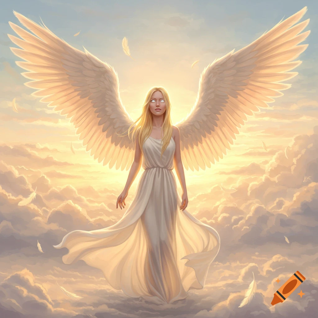 A serene blonde woman with large white wings and glowing white eyes stands amidst golden clouds and light.